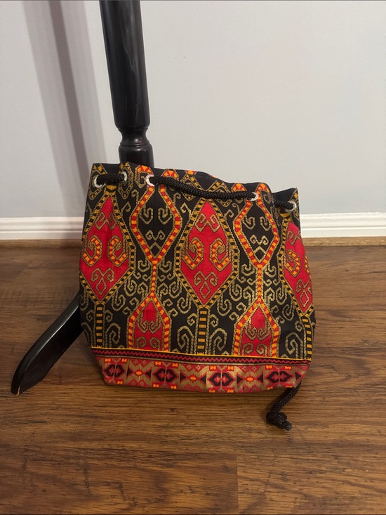Ethnic Embroidered Bucket Bag in Black & Red
